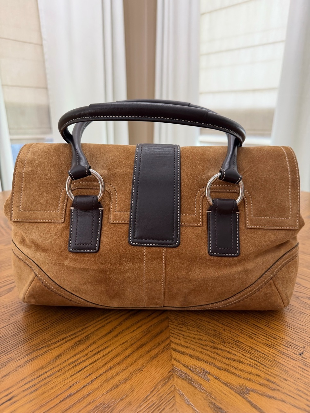 Coach Suede SoHo Flap Satchel Handbag in Caramel Brown - Picture 3 of 16